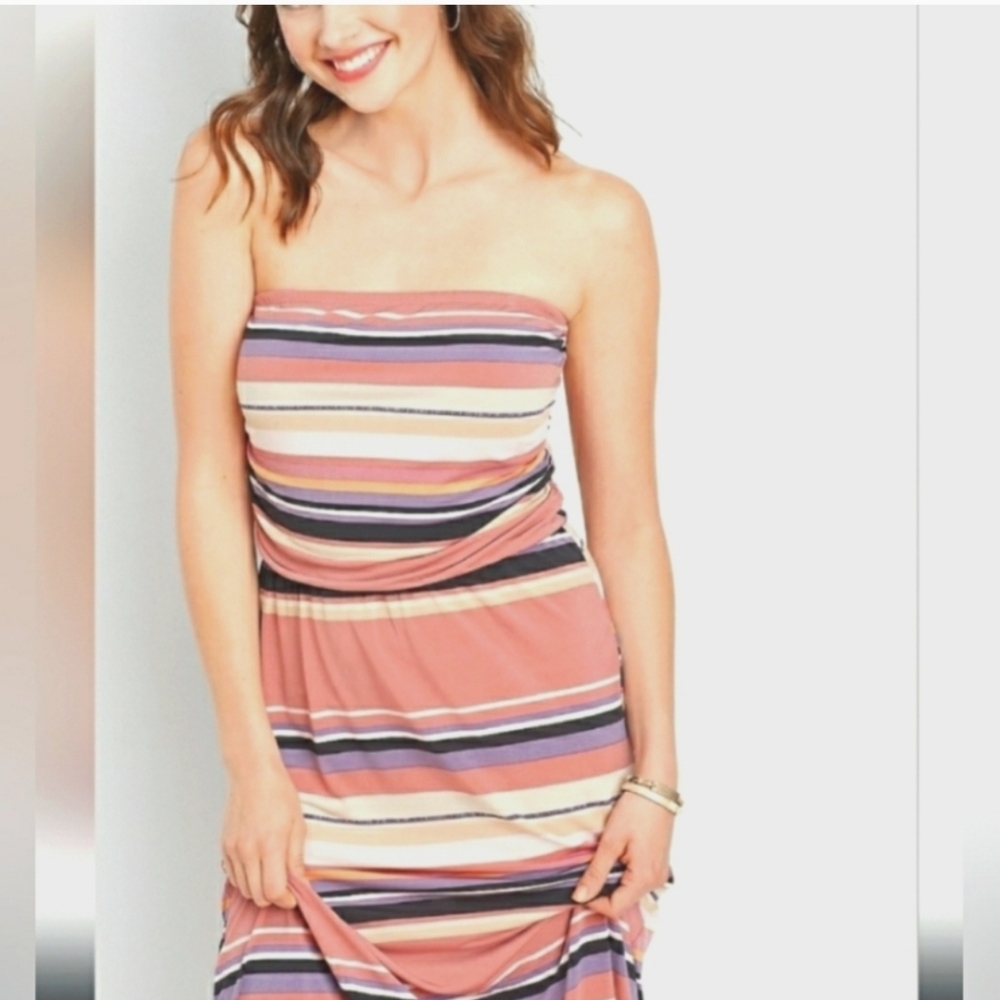 >×Maurices Strapless Pink Striped Hi Lo Adymmetrical Dress Size Large
